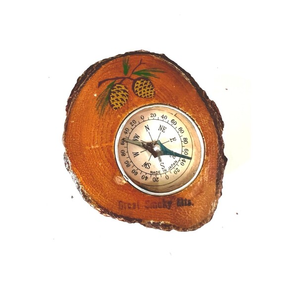 RARE Antique Handmade Great Smoky Mountains Compass in Wood w/Drawing - WORKS! - Picture 1 of 6
